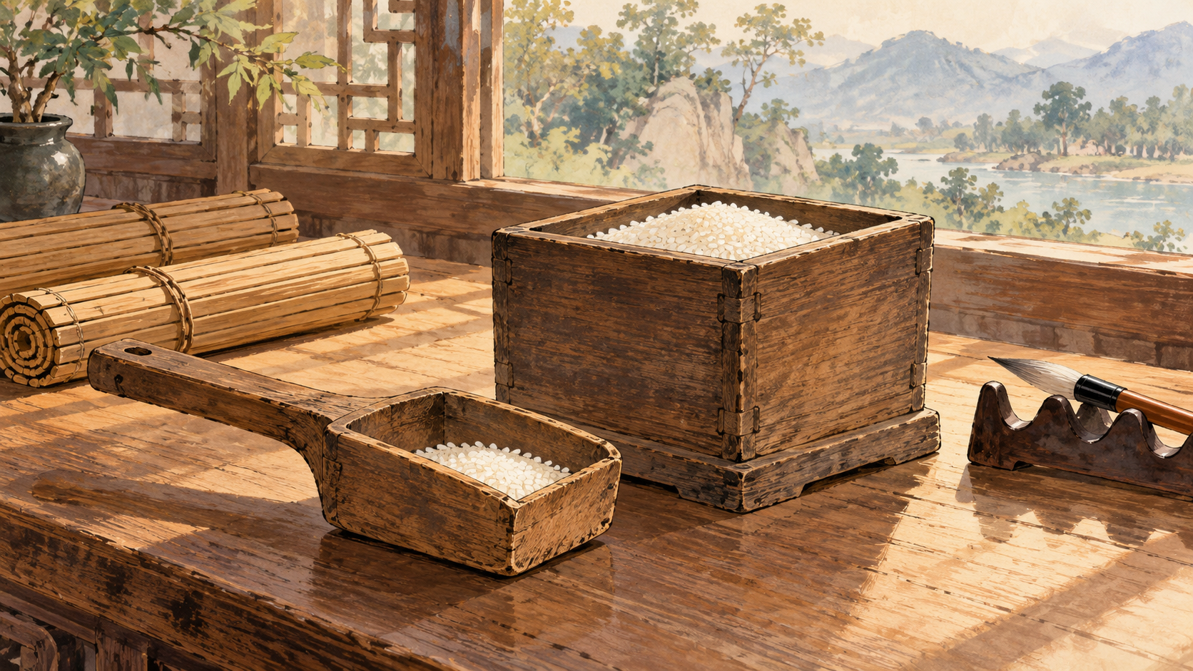 Ảnh minh hoạ chiếc đấu đong gạo và đồ dùng thư phòng cổ, gợi chủ đề những thành ngữ có chữ đấu.