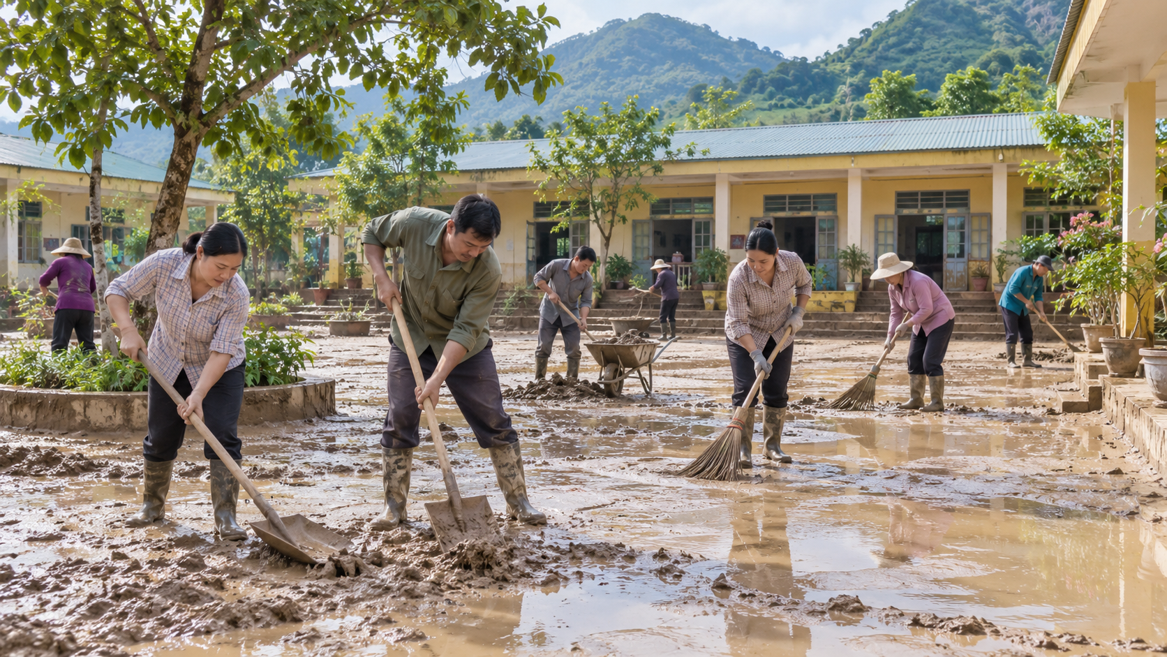 Vỡ kè chống lũ tại Bắc Lý, bùn đất tràn vào hai trường học