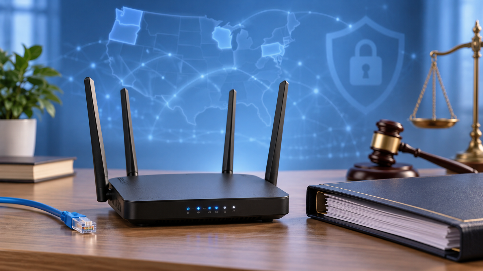 Ảnh minh hoạ bộ định tuyến Wi-Fi và hồ sơ pháp lý; không phải sản phẩm TP-Link hoặc tư liệu vụ kiện.