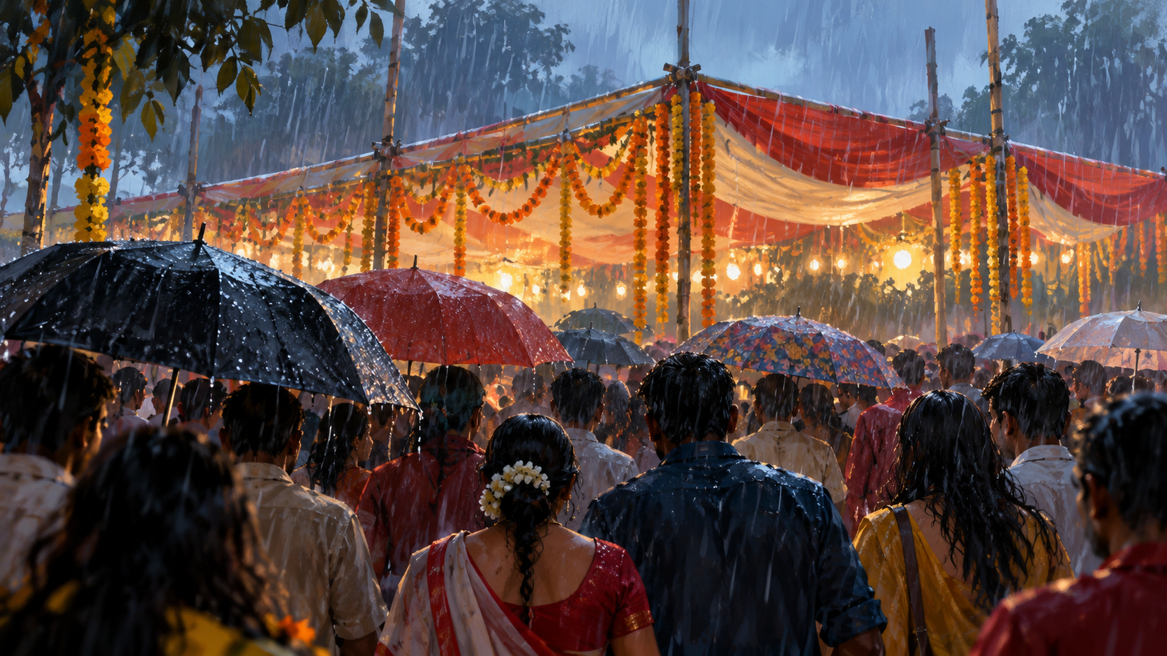 Ảnh minh hoạ đám đông tại khu lễ hội dưới mưa; không phải ảnh vụ chen lấn tại Kolkata.