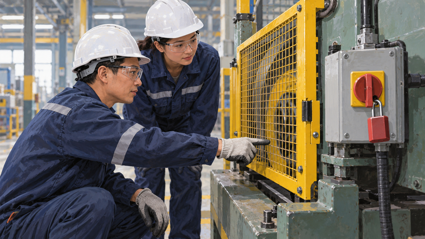 Ảnh minh hoạ hai công nhân kiểm tra tấm chắn an toàn của máy đã được khóa nguồn; không phải cơ sở hoặc người lao động cụ thể.
