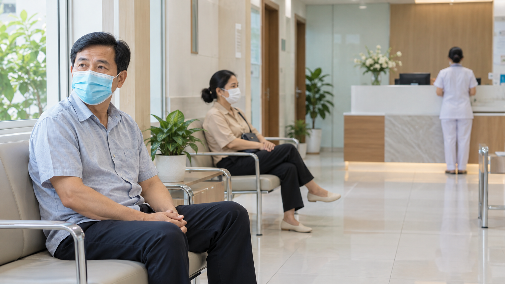 Ảnh minh hoạ người trưởng thành đeo khẩu trang tại phòng khám; không phải bệnh nhân trong số liệu HCDC.