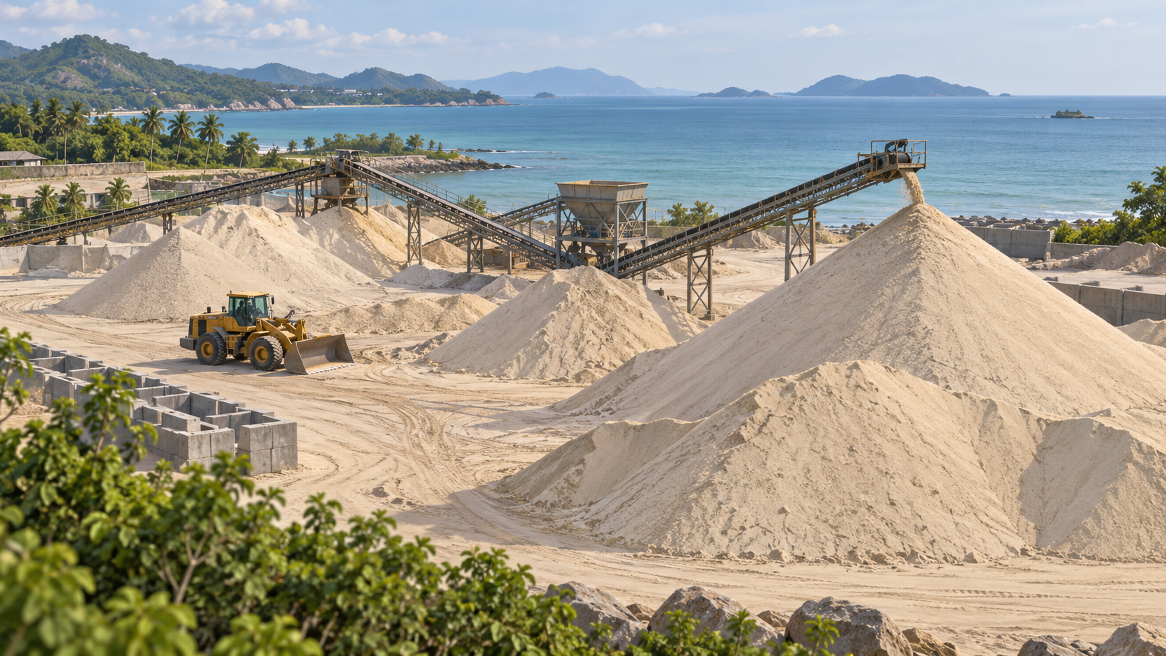 Ảnh minh hoạ bãi vật liệu cát ven biển giả định; không phải mỏ hoặc công trình cụ thể tại TP.HCM.