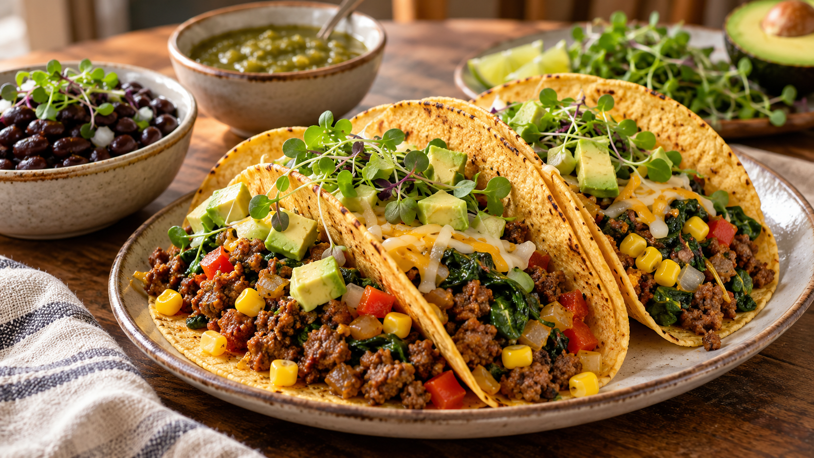 Taco thịt bò và rau xanh: bữa tối gia đình trong 20 phút