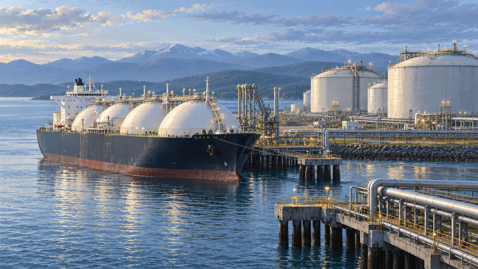 Ảnh minh hoạ tàu và bồn chứa LNG tại cảng giả định; không phải cơ sở Alaska LNG hoặc cảng cụ thể của Đài Loan.